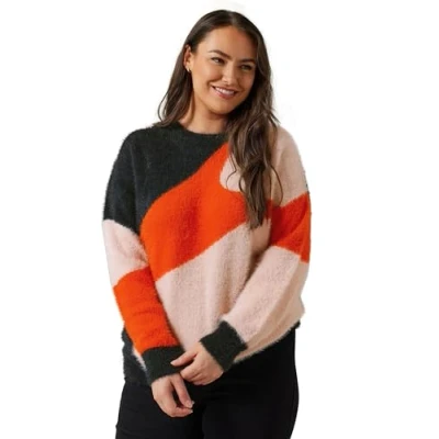 Image of EVANS Curve Colourblock Fluffy Knitted Jumper Women&#039;s Plus Size Orange