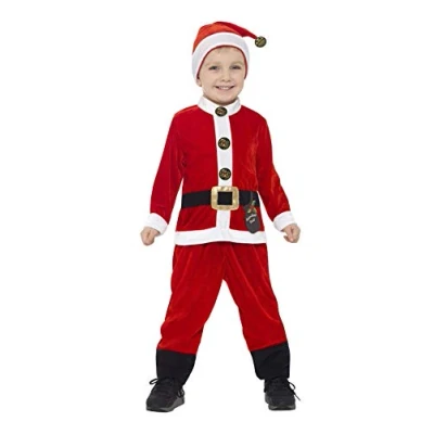 Image of Smiffys Santa Toddler Costume, Red &amp; White with Jumpsuit Hat, Christmas Children&#039;s Fancy Dress, Dress Up Costumes