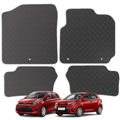 Image of Carsio Rubber Car Mats For Kia Picanto 2017+ Onwards Tailored Fit Floor Mat Set Complete Accessory Black Custom Fitted All Weather &amp; Heavy Duty, Anti Slip Backing with Clips