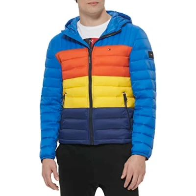 Image of Tommy Hilfiger Men&#039;s Water Resistant Ultra Loft Filled Hooded Puffer Jacket Down Alternative Coat, Blue Multi Colorblock, L