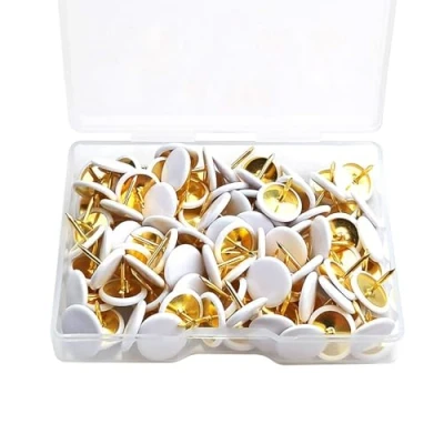 Image of 100 Pcs White Drawing Pins, Round Head Thumbtacks, Metal Push Pins with Storage Box for Pinboard, Bulletin Board, Office, Home