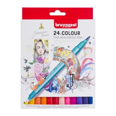 Image of Bruynzeel Creatives Fineliner/Brush Pen Set of 24 Colors Dual Tip Pens for Writing, Drawing &amp; Coloring Books Adults