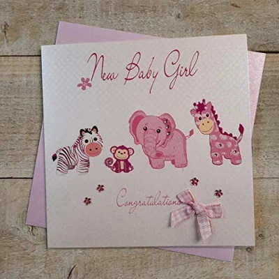 Image of WHITE COTTON CARDS Handmade New Baby Girl Card Toys Range, Pink/White