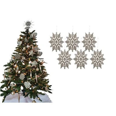 Image of Simply Products Pack of 6 10cm Glitter Hanging Decoration, Snowflakes Christmas Tree Decorations (Champagne Gold)