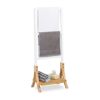 Image of Relaxdays Free Standing Bamboo Towel Holder, HWD: 104 x 41 28.5 cm, 3 Rails and 1 Shelf, Clothes Stand, Natural/White