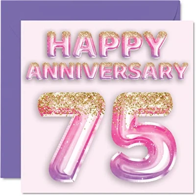 Image of Pretty 75th Anniversary Card for Wife Girlfriend Husband Boyfriend Pink Purple Glitter Balloons Happy 75 Cards from Family, 145mm x Greeting Seventy Fifth Anniversaries