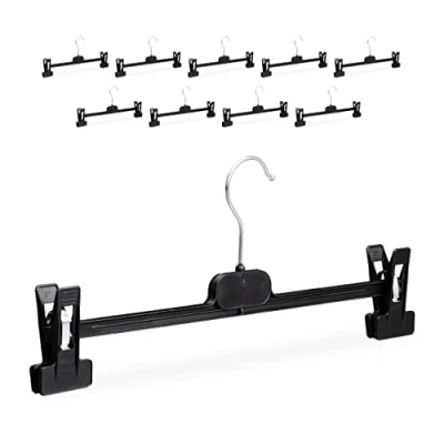 Image of Relaxdays Plastic Trouser Holders Set of 10, Adjustable Clamp Hangers, Swivel Metal Hooks, HWD: 14x36x3 cm, Black, 14 x 36 3cm