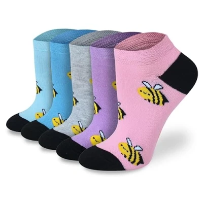 Image of Socksmad Ladies Trainer Socks Size 4 7 Coloured Heel &amp; Toe Black Multipack Womens Sports Cotton Rich, Summer Liners Wardrobe Essentials Gifts for Her Bees, 5 Pair