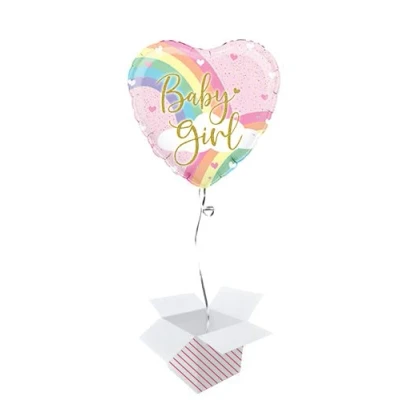 Image of Baby Girl Pastel Rainbow Heart Shape Holographic Foil Helium Balloon Inflated in a Box