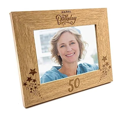 Image of ukgiftstoreonline Happy 50th Birthday Wooden Photo Frame Gift (4 x 6 Inch)
