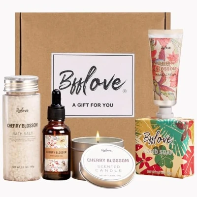 Image of Bath Gift Sets for Women, Spa Set, Care Packeage Her, 5Pcs Cherry Blossom Pamper Gifts Includes Massage Oil, Scented Candle, Salt, Hand Cream, Soap, Mum Birthday Mothers Day