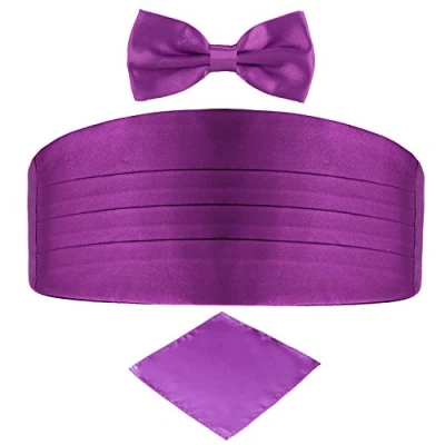 Image of DonDon Men&#039;s triple pack with colour coordinated cummerbund bow tie breast pocket handkerchief perfect for special occassions Purple