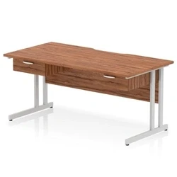 Image of Impulse 1600 x 800mm Scalloped Edge Straight Office Desk Walnut Top Silver Cantilever Leg Workstation 2 1 Drawer Fixed Pedestal