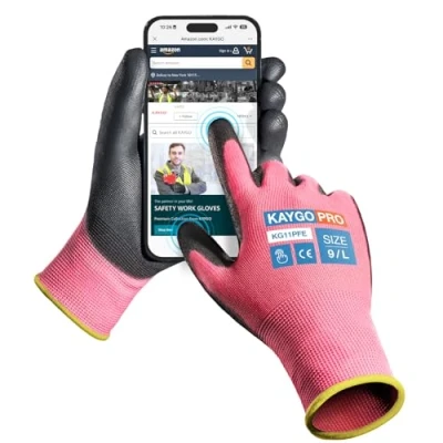 Image of KAYGO Work Gloves PU Coated 12 Pairs Touchscreen, KG11PFE, Safety Working with Secure Grip on Palm &amp; Fingers, for Men and Women, Ideal General Duty Work, Gardening (Large, Pink)