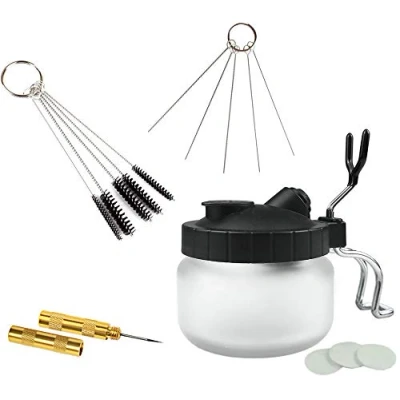 Image of Airbrush Spray Gun Wash Cleaning Tools Cleaner Set,Needle Nozzle Brush Glass Pot Holder，Cleaning with Holder, 5 pc Brushes, Pick, 1 Needle