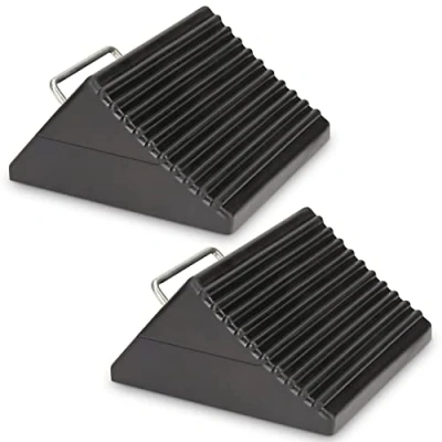Image of AFA Tooling Set of 2 Wheel Chocks Heavy Duty Nylon Rubber Wedge for Front and Back Tires Weighted Design Tie Off Handle Chock Block Your Camper, Trailer, RV, Truck, Car or ATV…