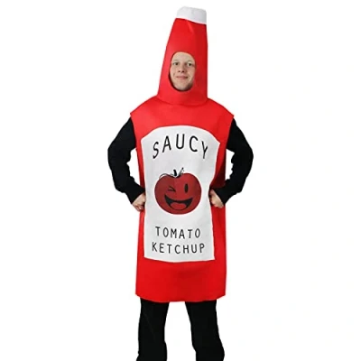 Image of Ketchup Fancy Dress Costume Pack of 1 Red Felt All in One Tunic with Face Hole and Saucy Print Novelty for Parties Stag Nights