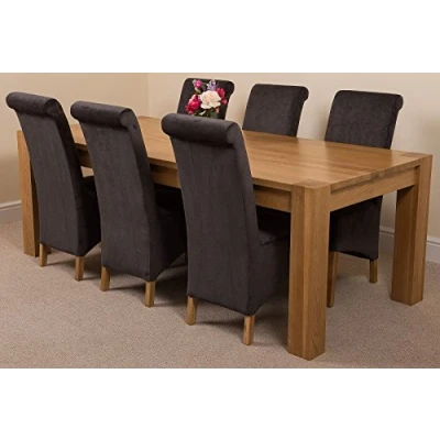 Image of Oak FURNITURE KING Kuba 220 x 100 cm Large Chunky Dining Table and 6 Chairs Set with Montana Black Fabric