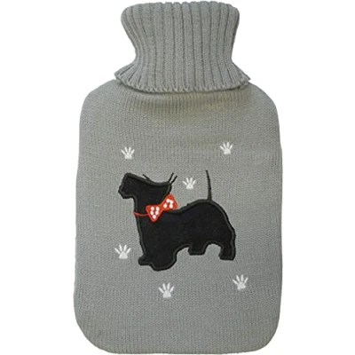 Image of St Helens Home and Garden Hot Water Bottle with Knitted Cover, 2L Bag, Use as a Cold Compress, Hand, Feet Body Warmer, Relief from Neck, Shoulder. Westie/Scottie Dog Grey Design