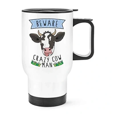 Image of Beware Crazy Cow Man Travel Mug Cup with Handle