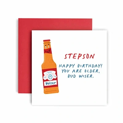 Image of Huxters Birthday Cards for Men Older Bud Wiser Step Son Card him Funny Fathers Day Brother Fun Happy 14.8cm (Step Son)