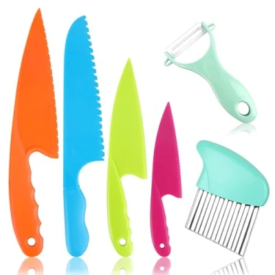 Image of SULOLI Kitchen Safety Knives for Kids, 6PCS Children&#039;s Cooking Plastic Cutting Board Grip Serrated Edges Vegetables Fruits Salad Cake