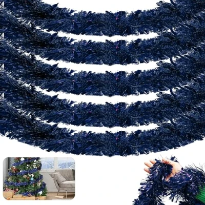 Image of HOVUK® 5PCs Navy Blue Fine Cut Chunky Tinsel Christmas Garlands, Dark Luxury Xmas Tree Decoration Home Decor, Party Supplies (2m Blue)