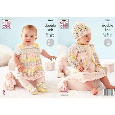 Image of King Cole Double Knit Baby DK Knitting Pattern Cardigan Pinafore &amp; Bootees (5966)