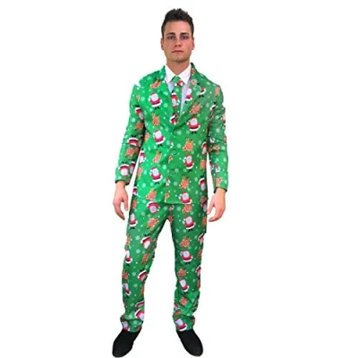 Image of sowest Mens Christmas Suit, Santa Reindeer Funny Patterned Fancy Dress Costume 3 Piece BUTTON UP LINED JACKET, MATCHING TROUSERS WITH POCKETS, AND A NECK TIE.