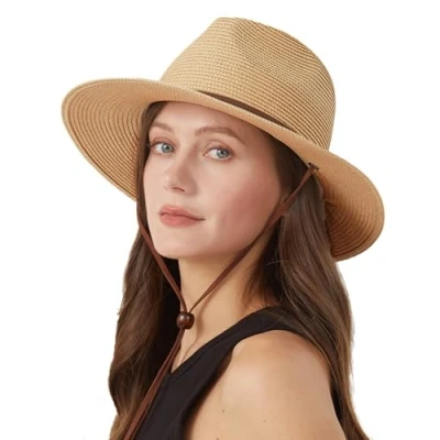Image of Zylioo Straw Hats with Chin Strap for Small Heads Summer Fedora Beach Sun Hat Petite Wide Brim UV Holiday