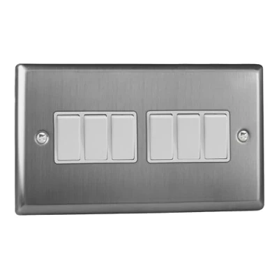 Image of Varilight XT96W Classic Brushed Steel 6 Gang 10A 1 or 2 Way Rocker Light Switch