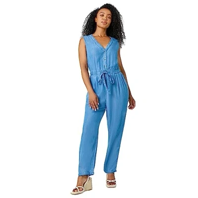 Image of Roman Originals Petite Stretch Denim Pocket Jumpsuit for Women UK Ladies Everyday Holiday Spring Summer V Neckline Comfy Soft Evening Vacation Work Party Blue Size 16