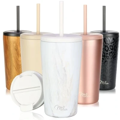 Image of Milu Thermo Mug 500ml 100% Leak Proof Stainless Steel Coffee to go Insulated with Straw Keeps hot for 10h / Cold 20h, BPA Free (Pink Marble, 500ml)