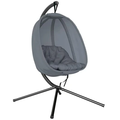 Image of Outsunny Hanging Egg Chair, Folding Texteline Swing Hammock with Side Pocket, Cushion and Stand for Indoor Outdoor, Patio Garden Furniture, Grey