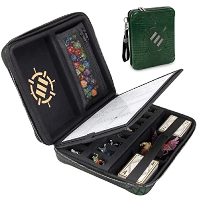Image of ENHANCE Collector&#039;s Edition RPG Organizer Case DnD Binder with Built in Character Sheet Holder and Erasable Scribe Panel, Dice Rolling Area, Removable Pen Pouch, Miniature Foam Tray (Dragon Green)