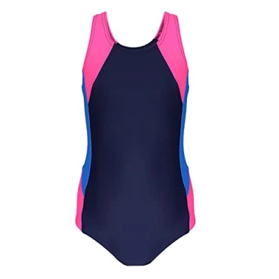 Image of Aquarti Girls&#039; One Piece Swimsuit with Open Back Sports Swimsuits, Dark Blue/Blue/Pink, 140