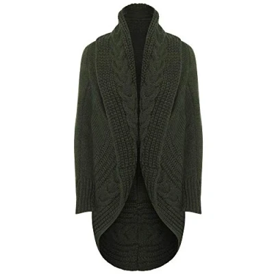 Image of Xpose Ladies Women&#039;s Cable Knit Wool Open Long Sleeved Oversized Chunky Cardigan Shrug Cape Knitwear Outerwear Colours Available Charcoal Stone Black Silver Grey Wine Nude Khaki Cream Mustard (Khaki)