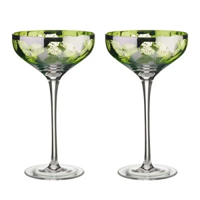 Image of Artland Tropical Leaves Champagne Saucer Set of 2, Glass, Green, 350ml Capacity, Glass