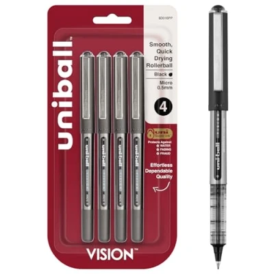 Image of Uniball Vision Rollerball Pens, Black Pens Pack of 4, Micro Point with 0.5mm Ink, Ink Pen, Fine Smooth Writing Bulk and Office Supplies