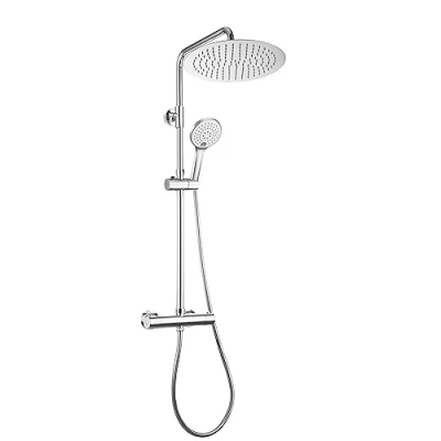 Image of Görbach Shower System Mixer Set in SUS304 with Bathroom Thermostatic Valve Anti Scald 38℃ Bracket Adjustable Height and Overhead Rainfall Angle Chrome D30cm.