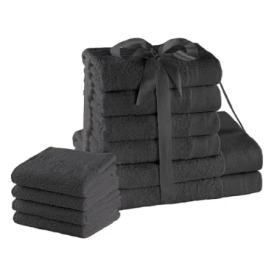 Image of AmeliaHome Set 10pcs 4 Guest Towels 30x50 cm, 50x100 cm and 2 Bath 70x140 100% Cotton Absorbent Graphite Anthracite Charcoal Grey Amari