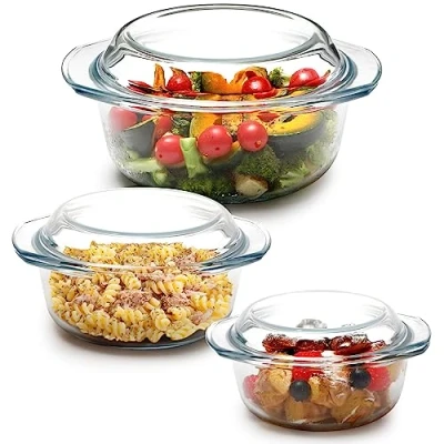 Image of Glass Casserole Dish, Dish with Lid, Individual Round Mini Handles (set 1L+1.4L+1.7L)