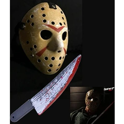 Image of Mega_JumbleSale® Friday The 13th Halloween Killer Hockey Mask + Bloody Toy Horror, Scary Jason Voorhees House Survival Adult Fancy Dress