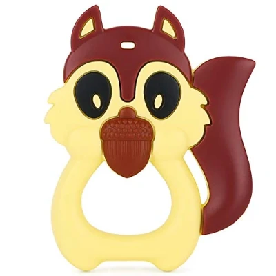 Image of PREMYO Teething Toy for Baby Teether Silicone Soothes Sore Gum Pain Easy to Grab BPA Free Squirrel Brown