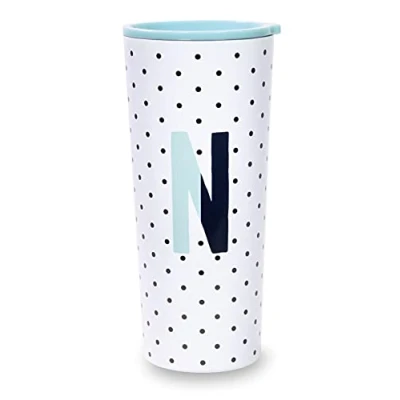Image of Kate Spade New York Insulated Stainless Steel Initial Tumbler, 24 Ounce Double Wall Travel Cup with Lid, N (Blue)