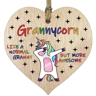 Image of Granny Birthday Gift for Her Grannycorn Wooden Heart Plaques, Light Wood Sign Keepsake, Funny Gran Happy Plaque Grandma Gifts Unicorn Awesome Present from Granson Granddaughter
