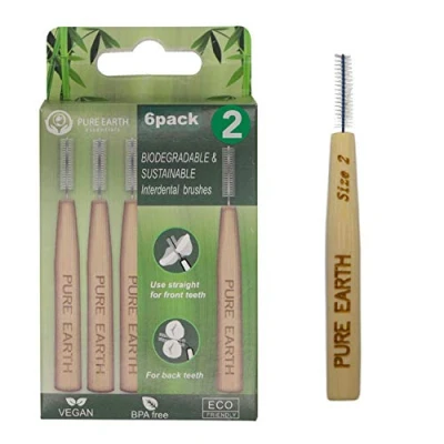 Image of Pure Earth Essentials Bamboo Interdental Brushes Biodegradable Brush Organic Handle with Soft Bristles for Deep Clean Between Teeth and Gums (6 Pieces, Size 2, 0.6mm, Red)