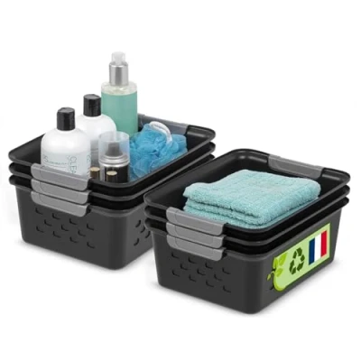 Image of Iris Ohyama, Versatile Plastic Shelf Baskets, Open Top, Black, 5L, Set of 6, Nestable, Ventilation, Visible Content, For Bathroom, Toys, Groceries, Office, Cabinet, Organizer, BPA Free, OSB S