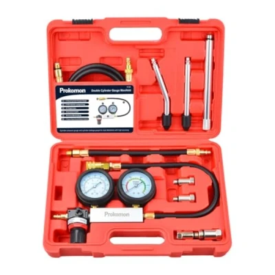 Image of Cylinder Leak Down Tester Kit, Gasoline Engine Compression Dual Gauge Leakdown Detector Tool Set for Pressure Check &amp; Leakage Rate Test with Extension Rod