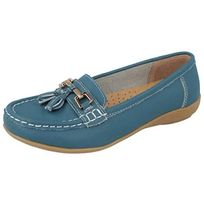 Image of Jo &amp; Joe Womens Leather Flat Loafer Ladies Casual Comfy Slider Low Wedge Heel Work Shoes Size 3 4 5 6 7 8 (UK 6/EU 39, Teal)